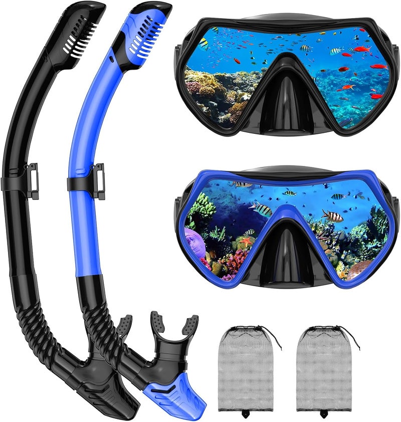 Jwintee Snorkeling Gear for Adults, Adult Snorkel Mask Set Scuba Diving Dry-Top, Swimming Goggles w/Nose Cover, HD Tempered Glass Panoramic Anti-Leak Anti-Fog, Travel Snorkeling Packages Storage Bag, 2 Pack - Image 1
